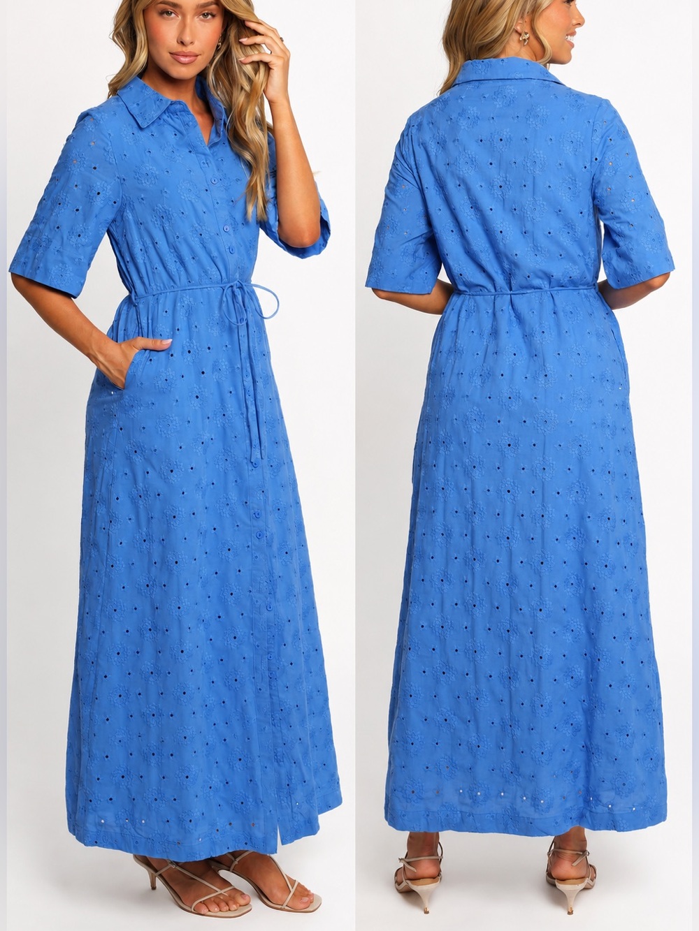 Petal & Pup Cooper Embroidered Eyelet Tie Waist Maxi Shirt Dress NWT L
